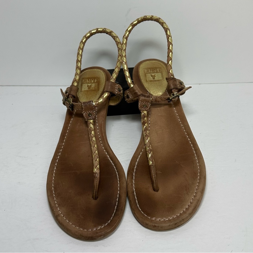 Frye Sandals Women’s Sz 9 M Madison Braided Flats Metallic Gold Tan Leather